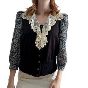 Vintage Paisley and Lace Detailed Black Cardigan XS - Medium Retro